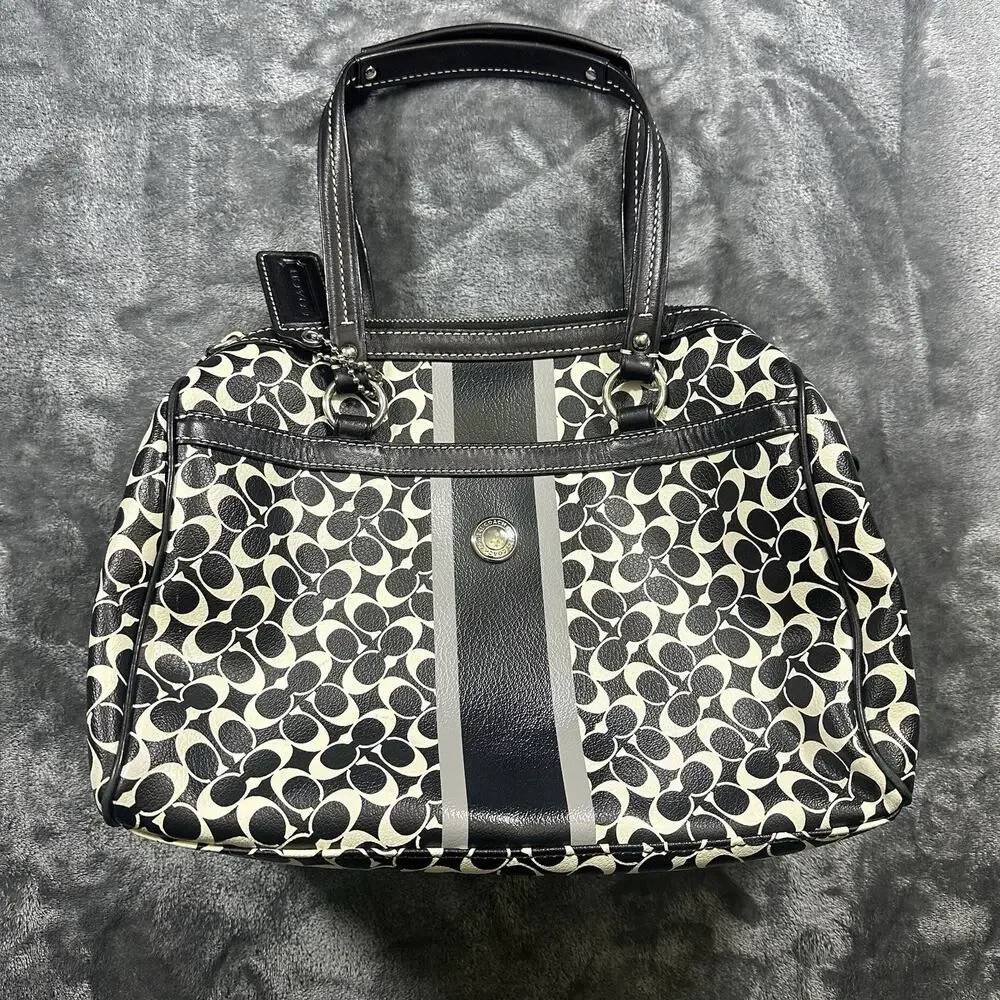 Coach‎ Chelsea Heritage Satchel White Black PVC Leather Silver Handbag